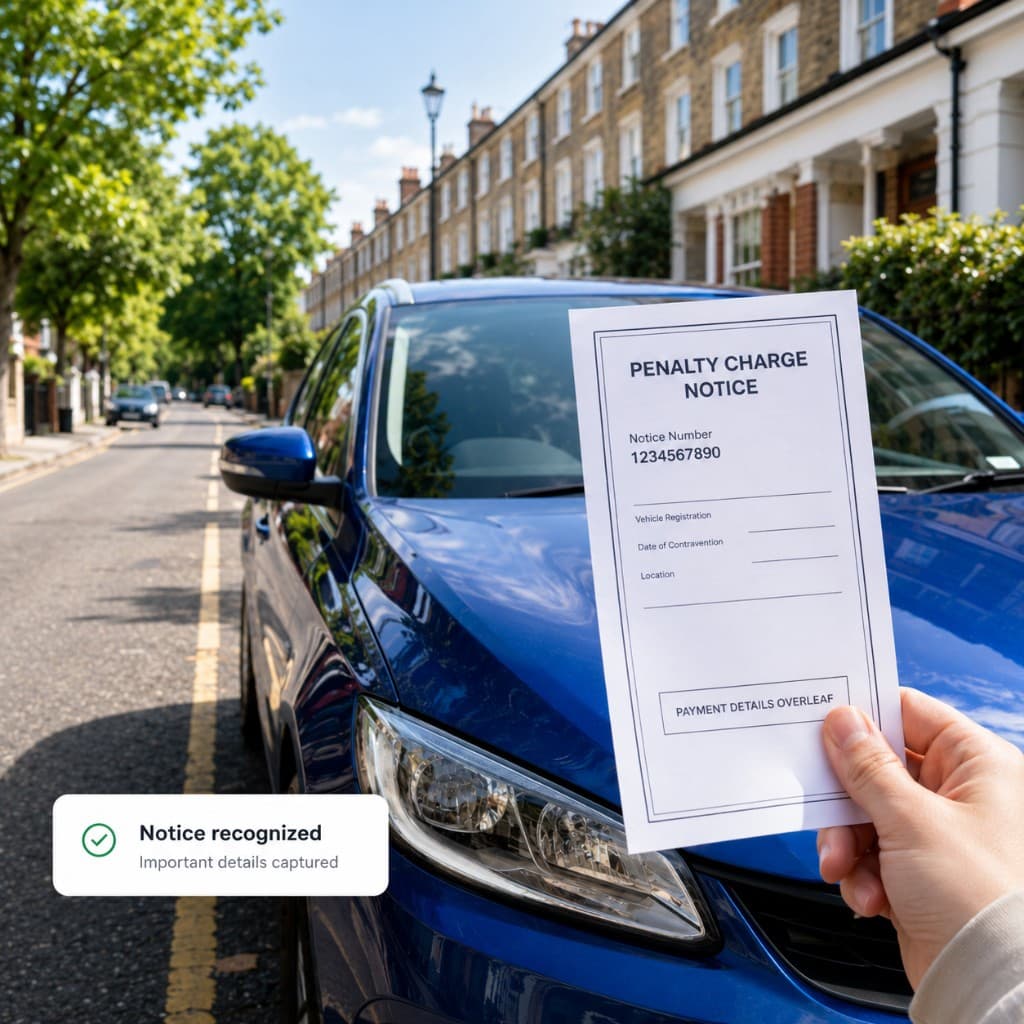 Hand holding a UK penalty charge notice in front of a parked car
